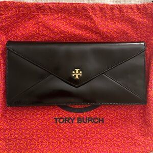 Tory Burch Black Leather Clutch with Gold Logo